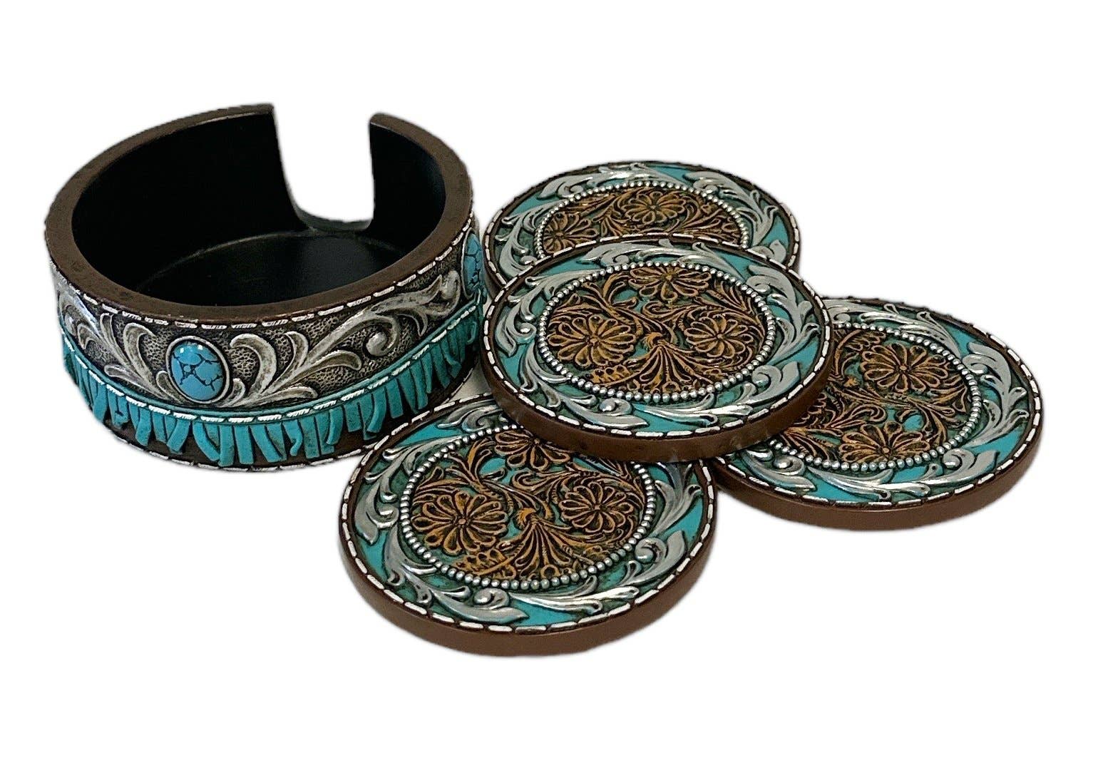 BLUE BROWN TOOLED LEATHER WITH BLUE TASSEL COASTERS