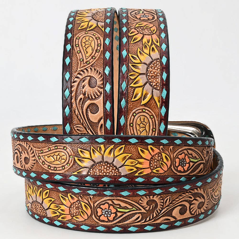 LC-ADBLF132 Tooled Leather Western Belt - Sunflower & Paisley Design with Turquoise Diamond Borders