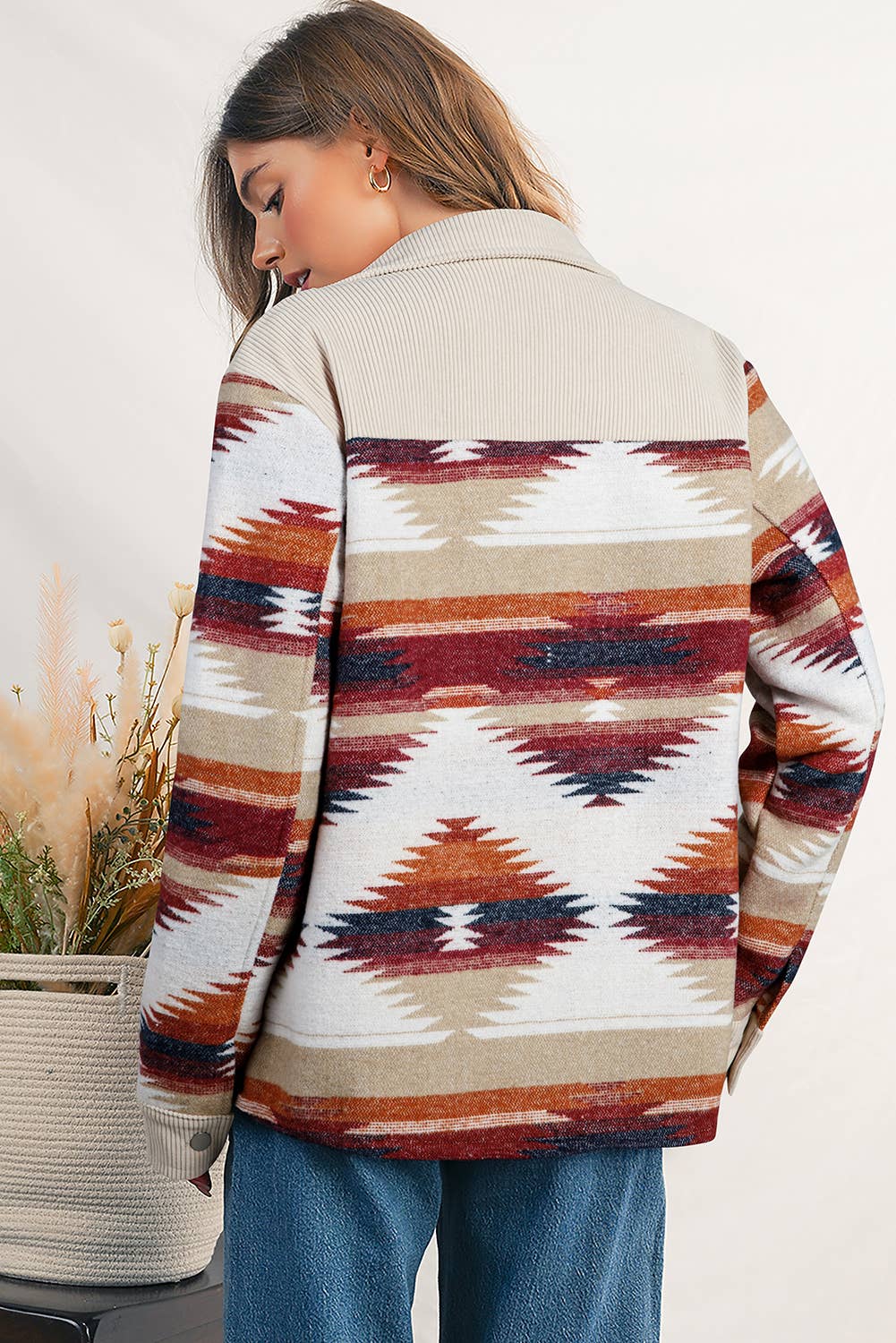 Western Geometric Print Chest Pocket Jacket