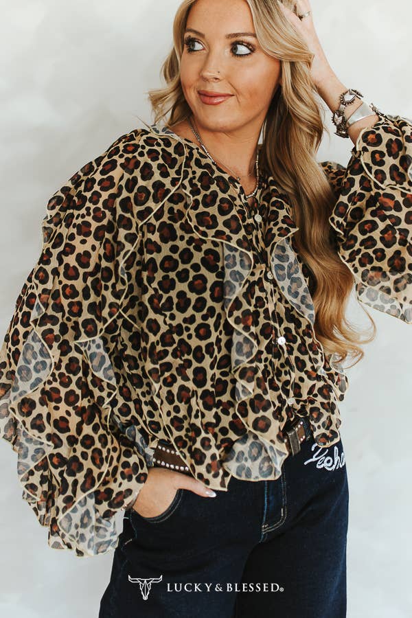Leopard Print Ruffle Long Sleeve Blouse