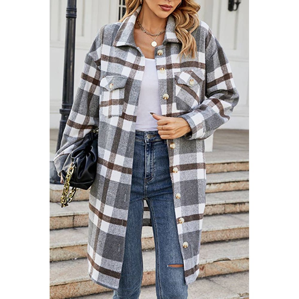 Long Plaid Coat Striped Button Up Side Poacketed Jacket