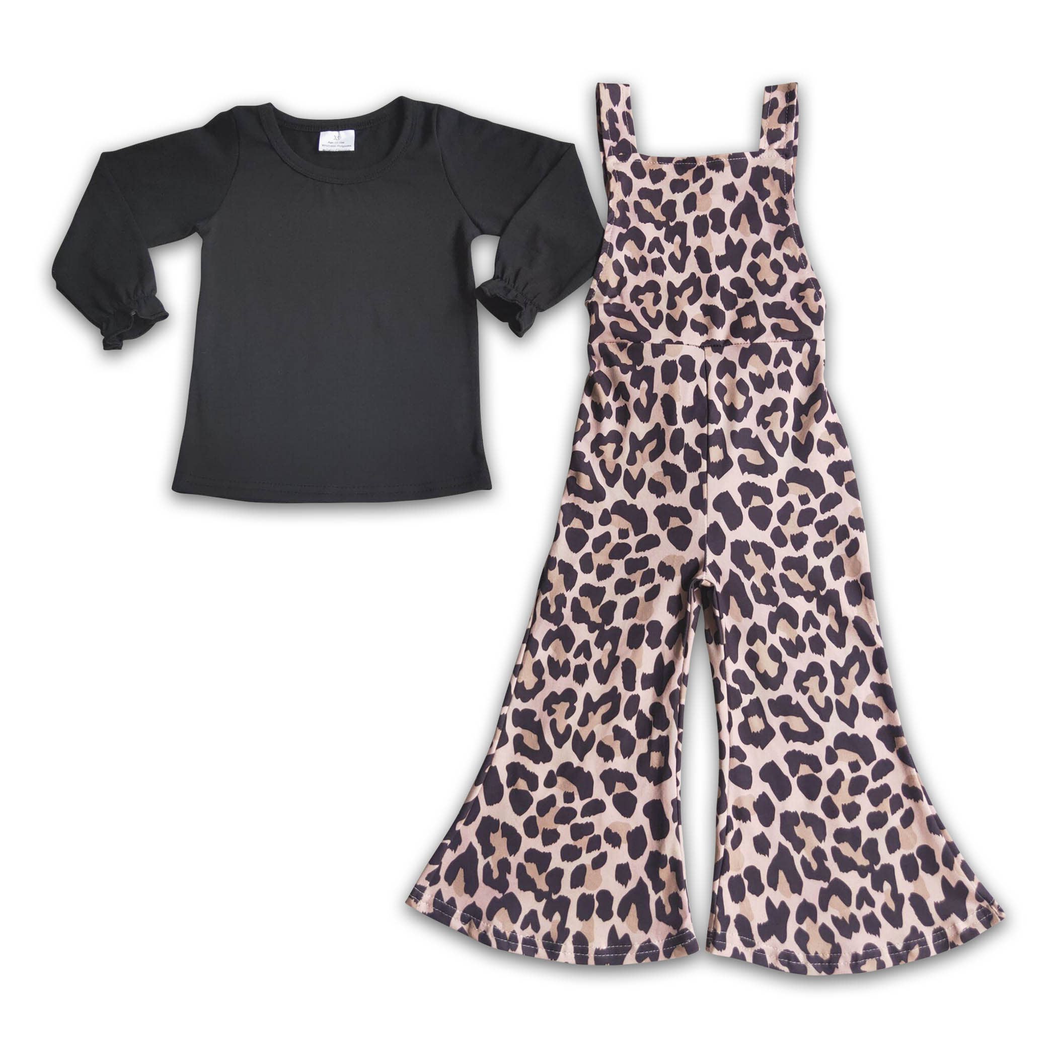 Black Shirt Leopard Print Overalls Girls Clothing