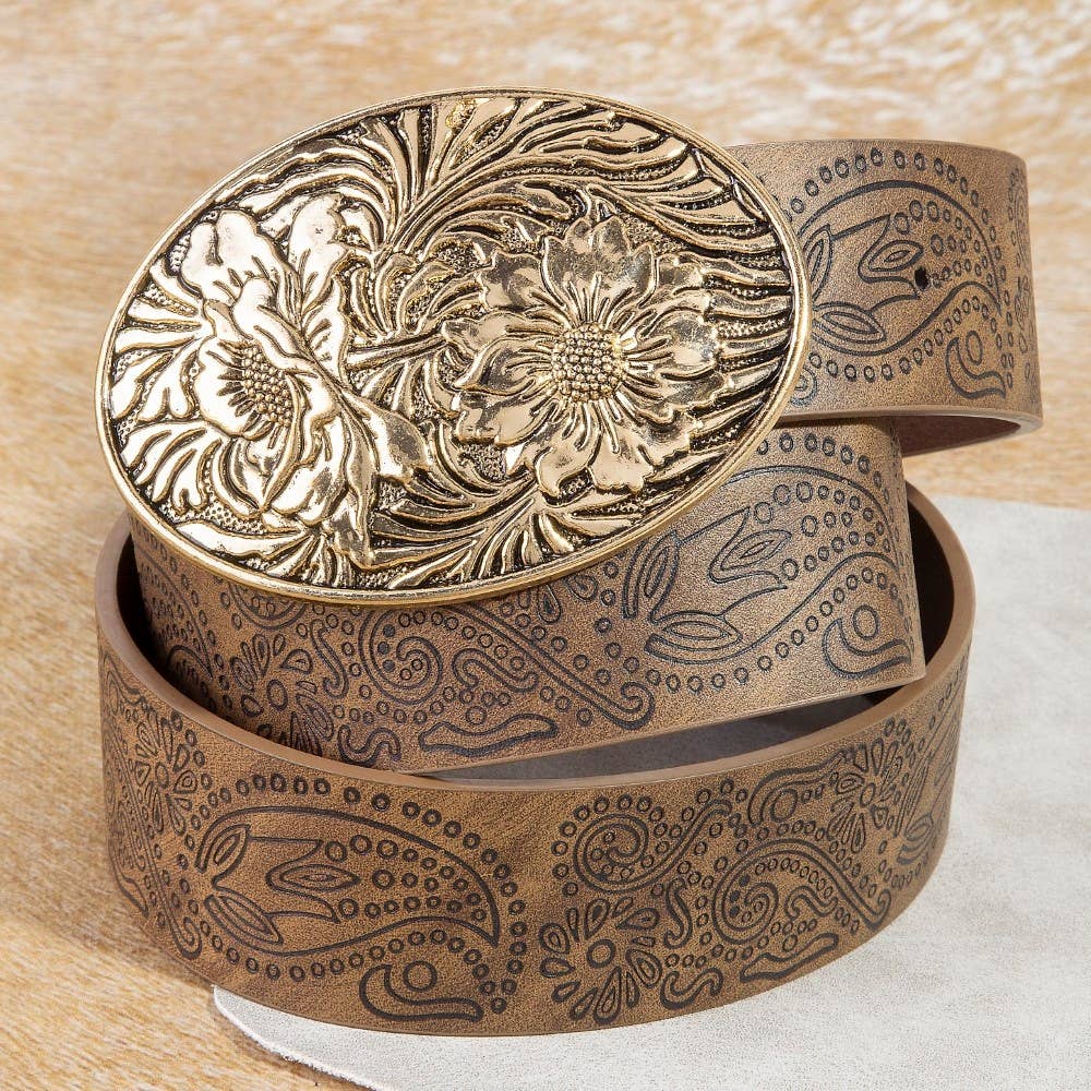 Floral Buckle Paisley Pattern Vegan Leather Belt
