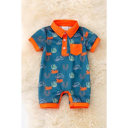 Kids Charm Online - Rodeo blue and orange trim cactus printed baby romper. RPB50271 AMY