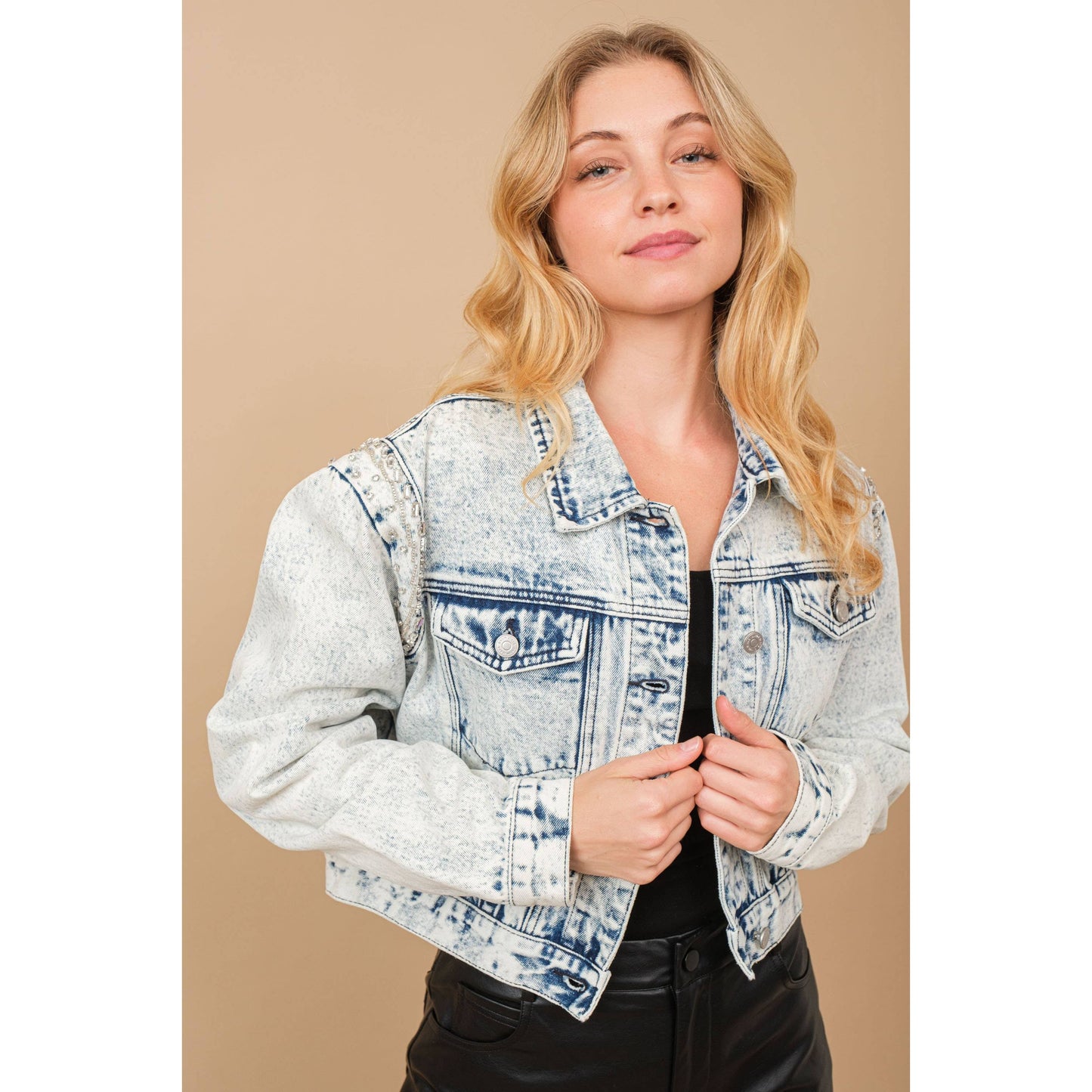 80037J - Acid Washed Shoulder Beading Denim Jacket