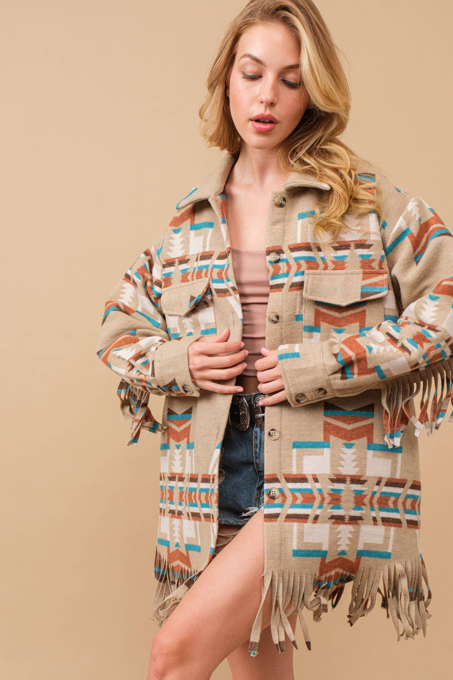 34200J - Blue B Exclusive Aztec Button Up Shirt Jacket