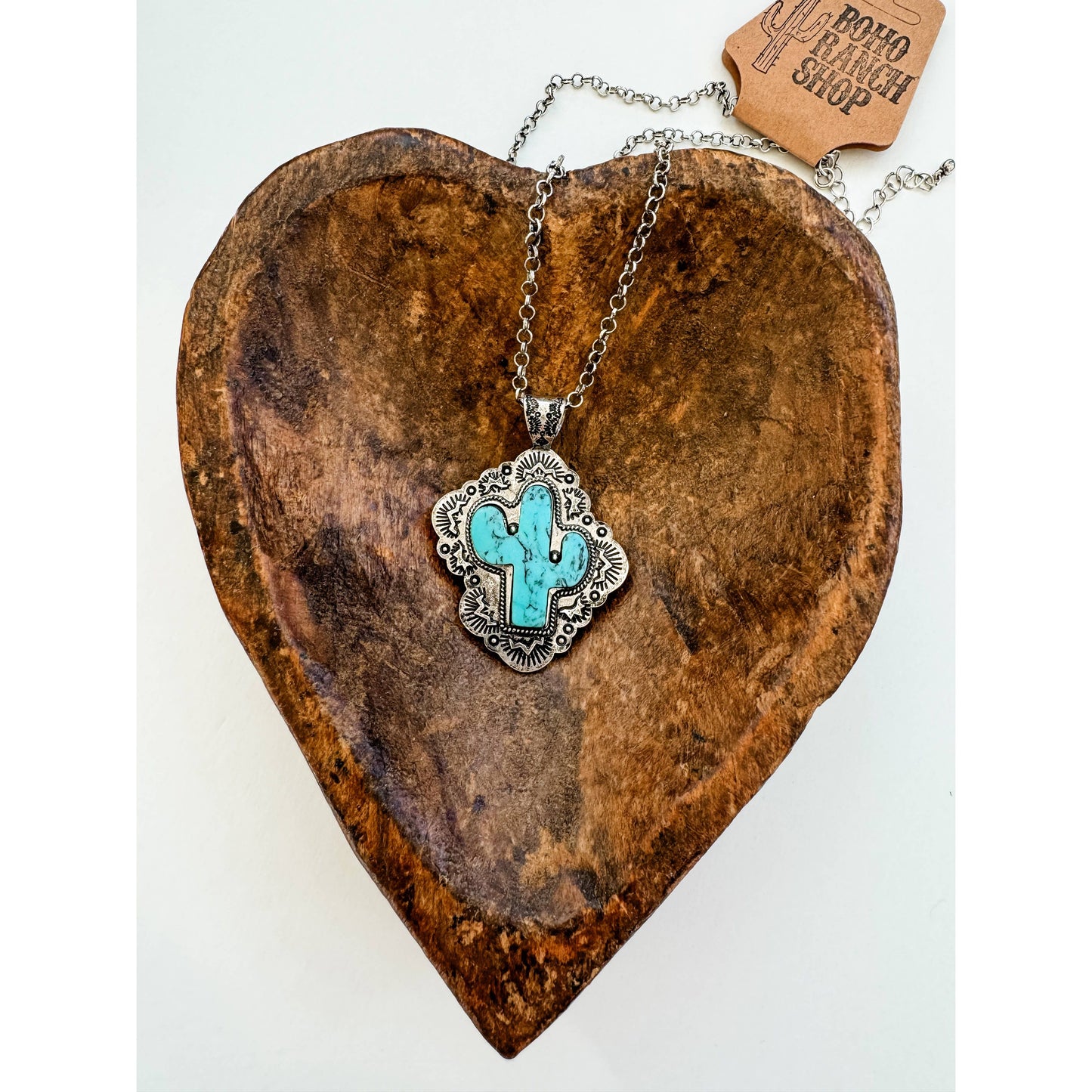 Western Stone Pendant Necklace - Cactus / Cross