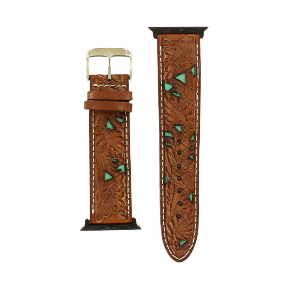 Nocona Smart Watch Band - Floral Tooled, Turquoise Underlay N3100633