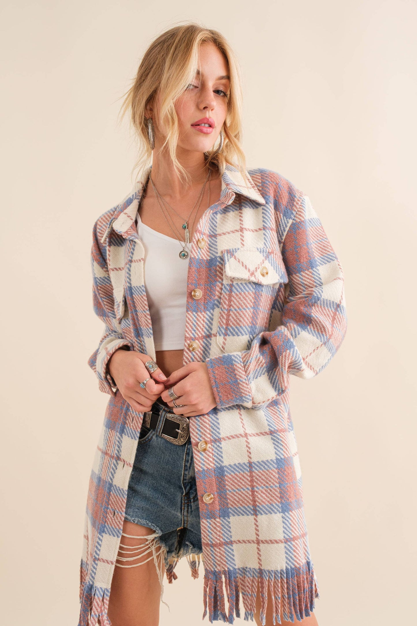 34197J - Yarn Dyed Fringe Bottom Button Up Long Shirt Jacket