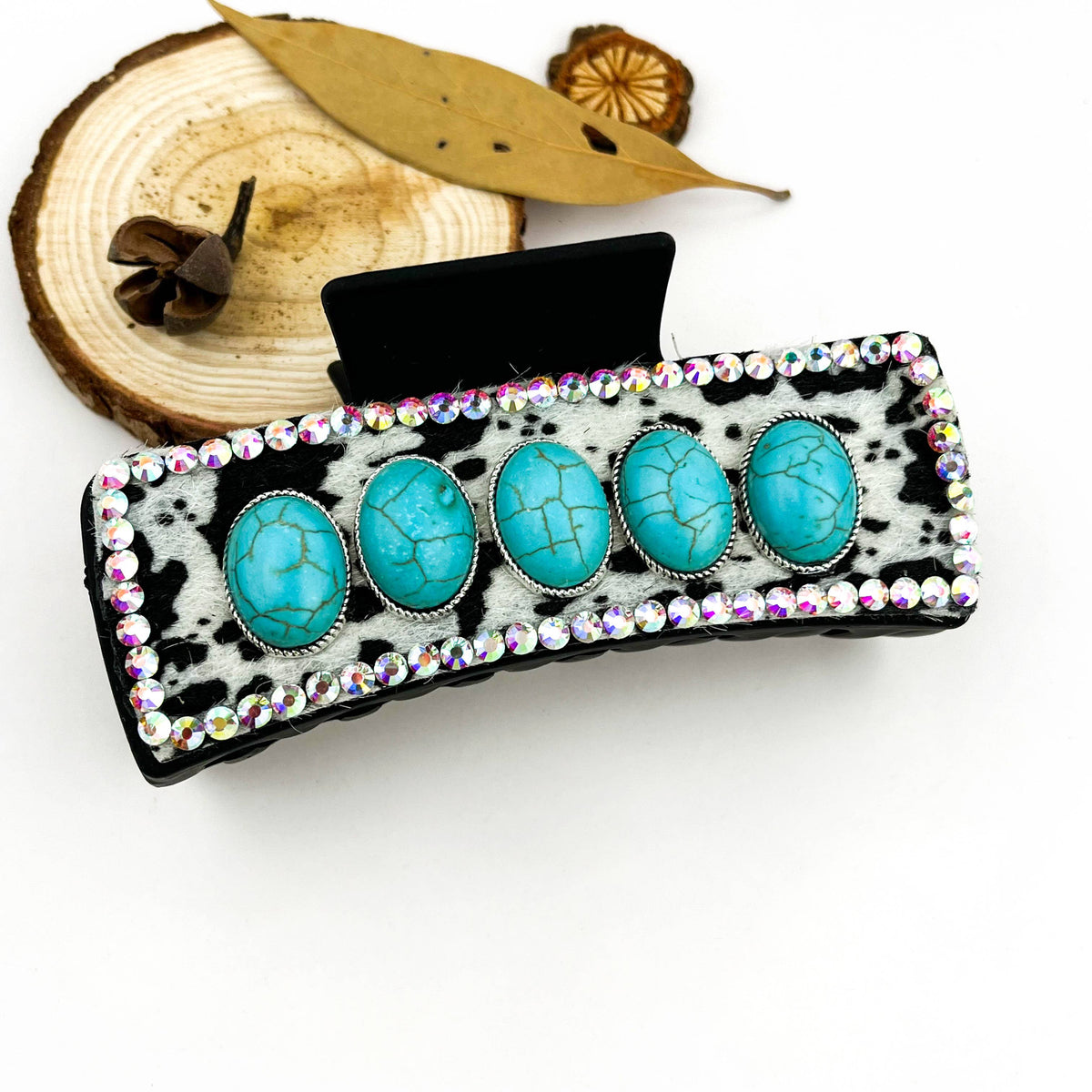 Western Cowboy Turquoise Cow Print Rhinestone Hair Claw Clip