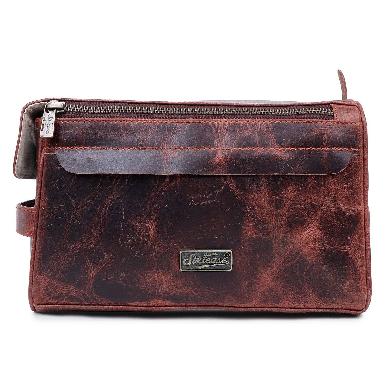 Sixtease Bags - Rustic Leather Unisex Cosmetic Bag - Cherry