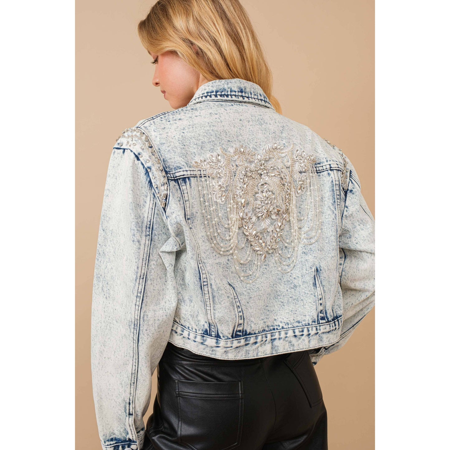 80037J - Acid Washed Shoulder Beading Denim Jacket