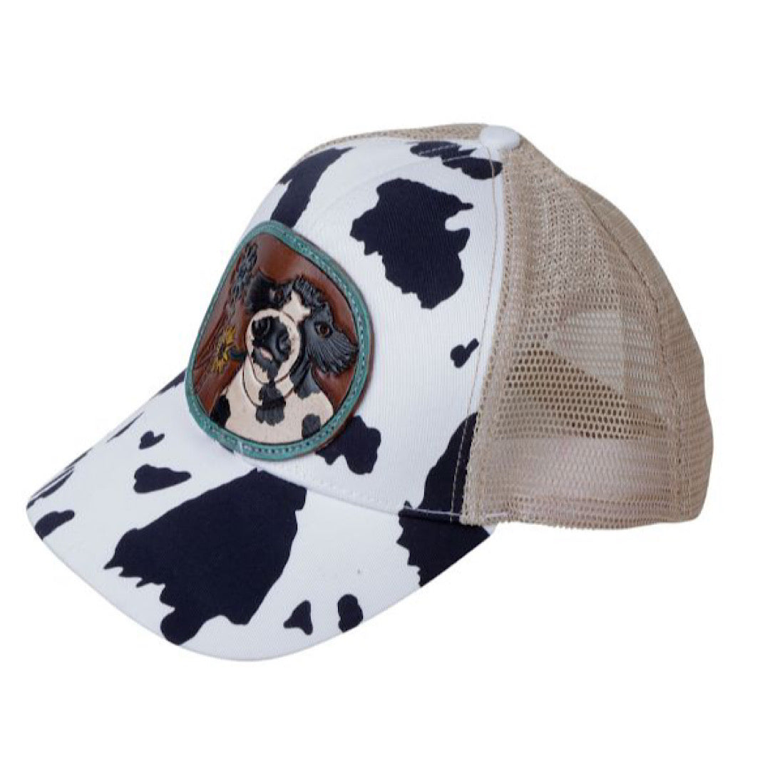 Myra Bag - White Moos Black & White Cow Print  & Tan With Carved Leather Badge Cow Snap Back Ladies Ball Cap S-4850