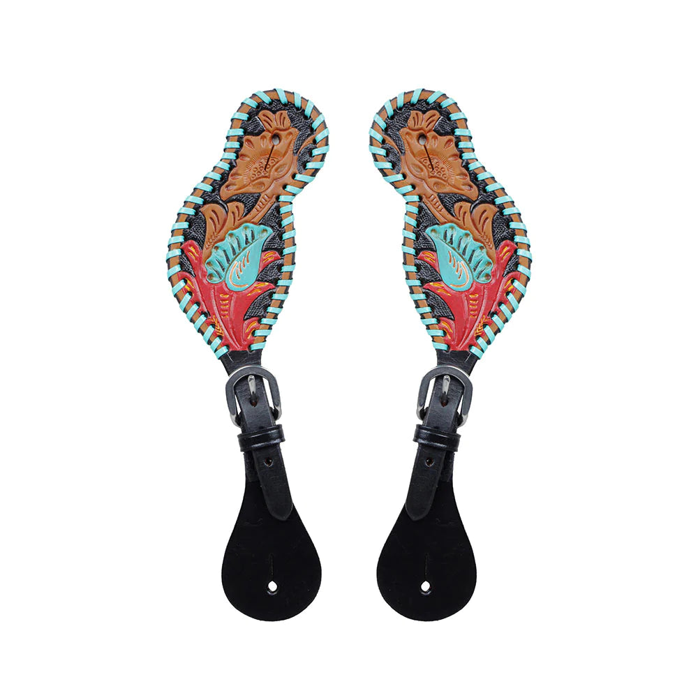 Turquoise Buckstitch Black Tooled Spur Straps-Womens