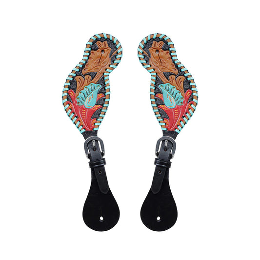 Turquoise Buckstitch Black Tooled Spur Straps-Womens