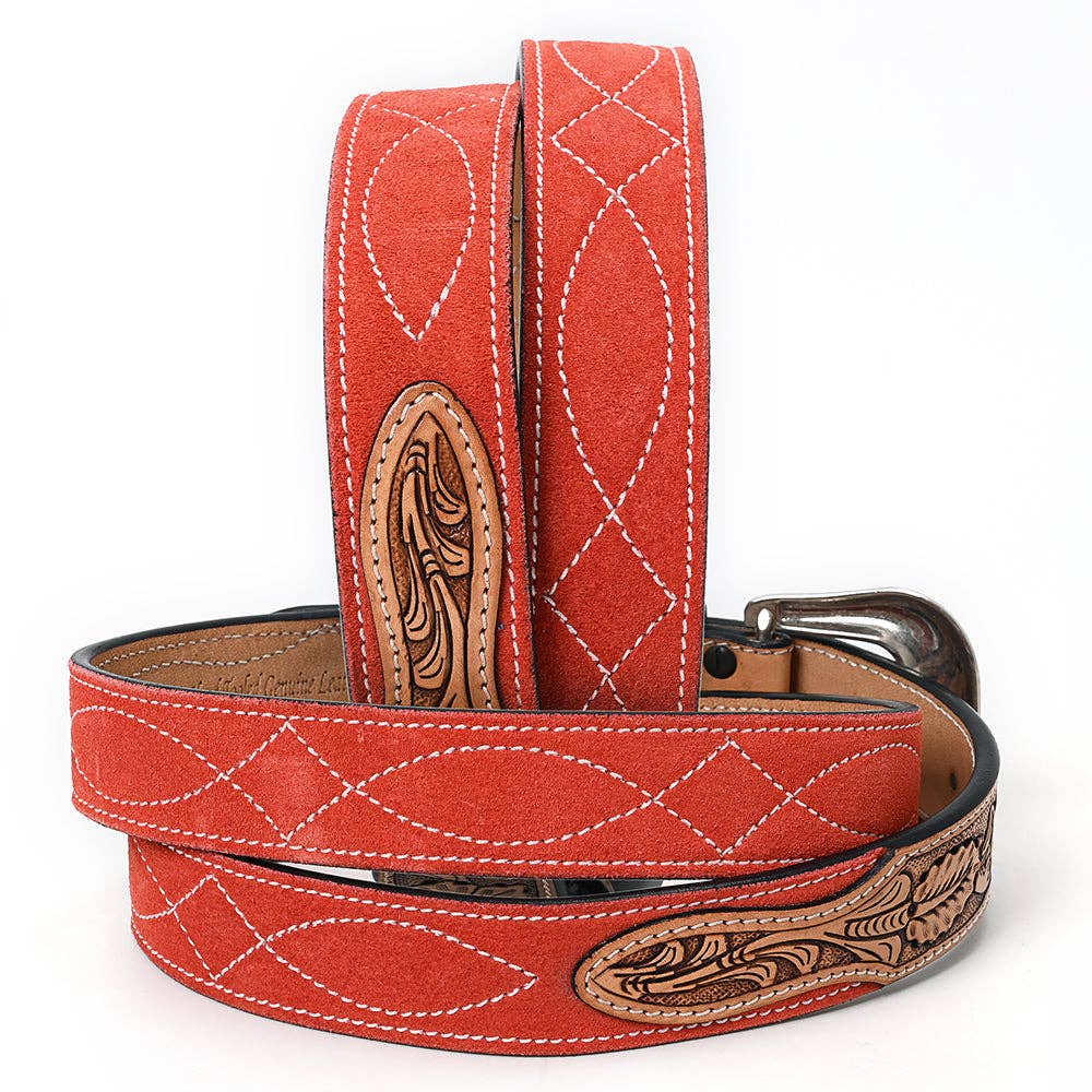 ADBLF330 Tooled Leather Western Belt - Red Genuine Suede Back with Antique Silver Buckle