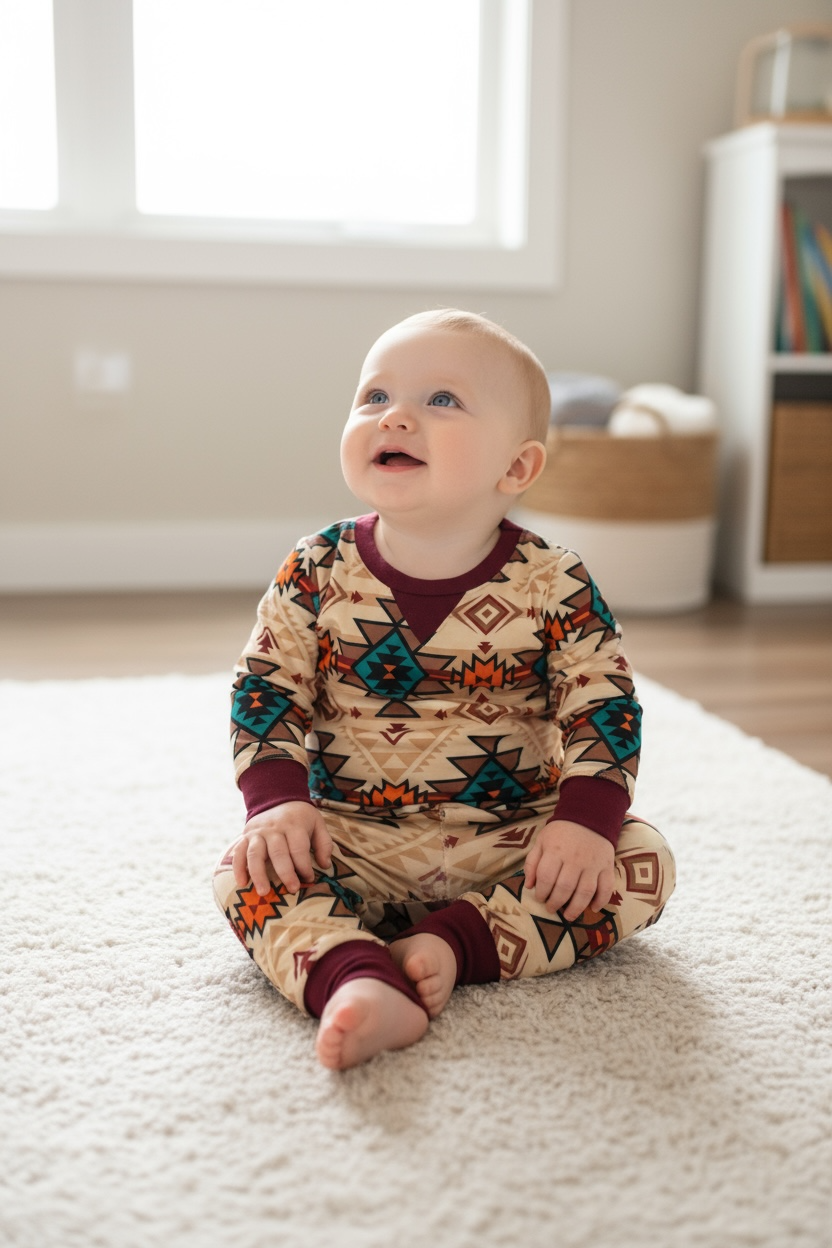 Aztec printed boys pajamas with burgundy trim.