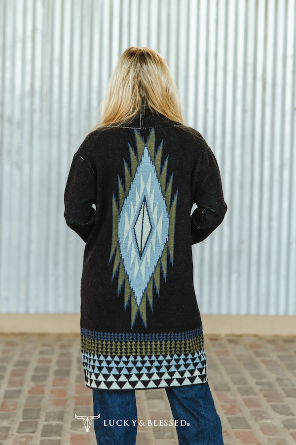 Black Turquoise Aztec Long Sleeve Knitted Cardigan