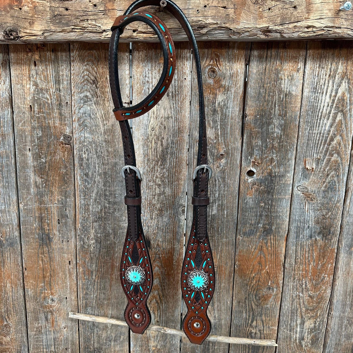 Rodeo Drive - Dark Oil Hand Painted Antique Silver Turquoise Browband/One Ear and  Breastcollar Tack Set #BBBC555