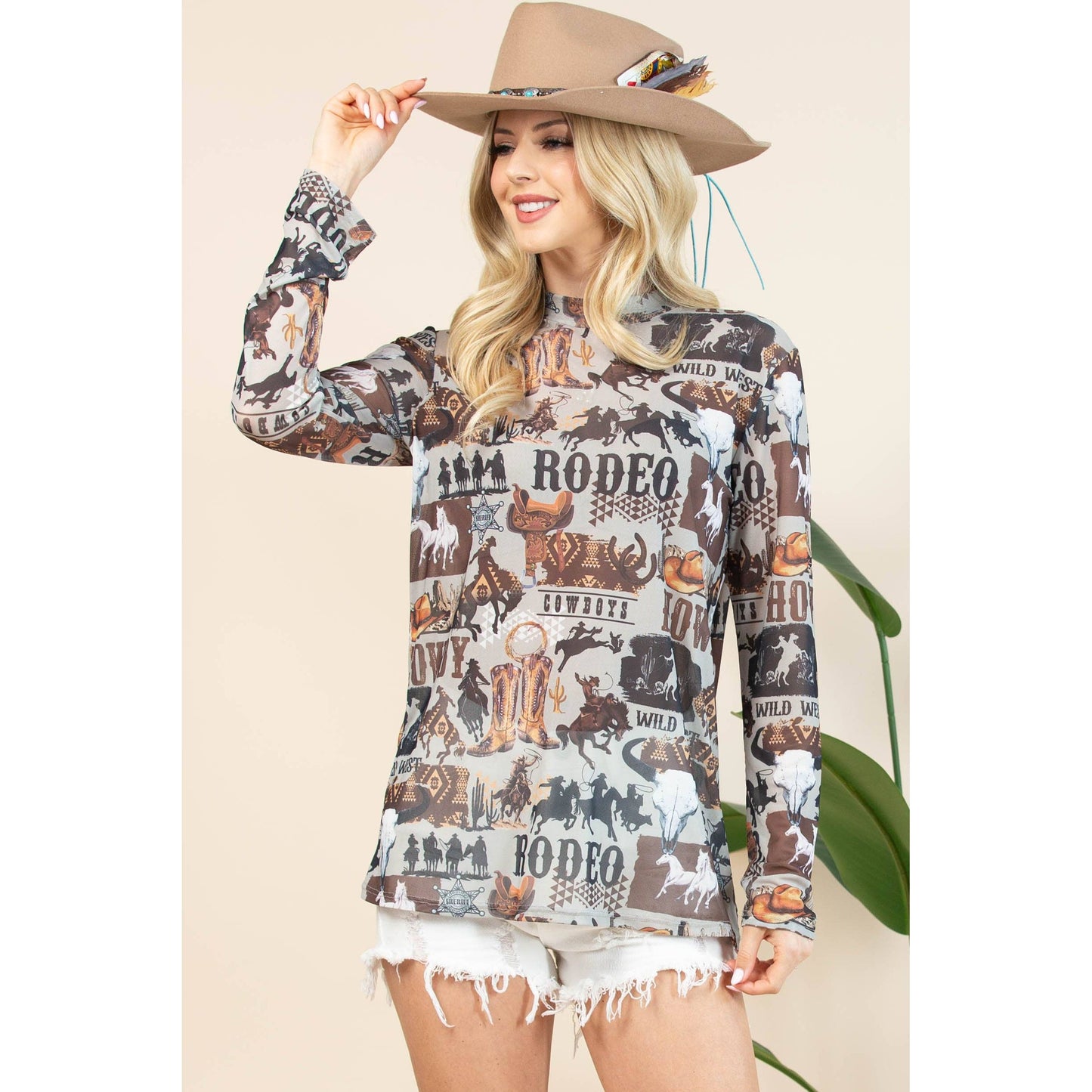 AV1230-AUBREY-6169 WESTERN RODEO SEMI SHEER MESH TOP