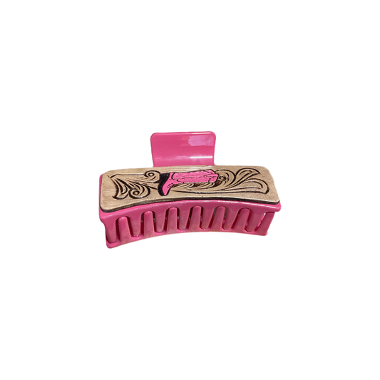 Pink hair clip with cowboy boots