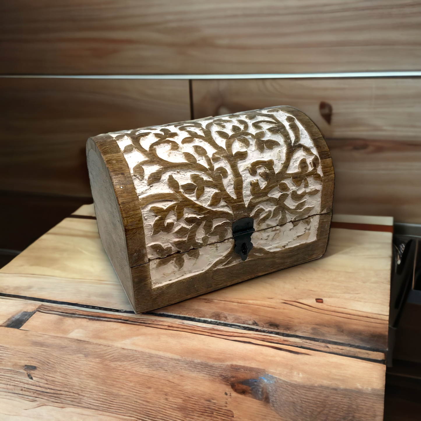 Hand-Carved Wood "Tree of Life"Hinged Box Chest Holiday