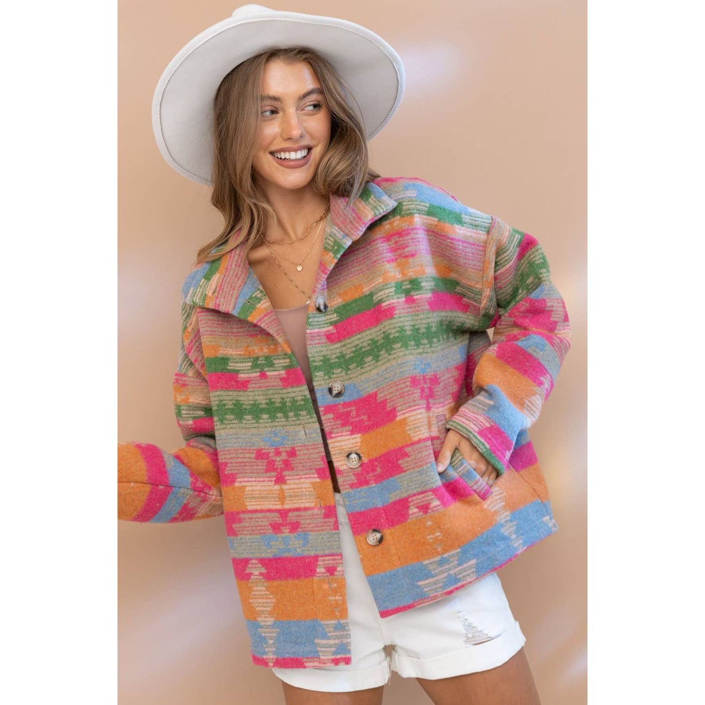 32296J - Aztec Pattern Button Up High Collar Jacket