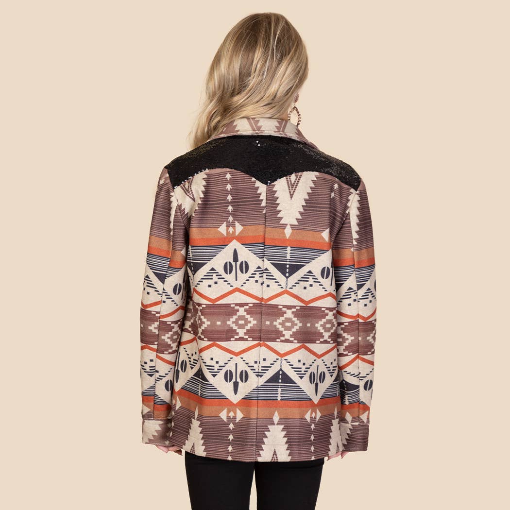 Western Print Blazer with Sequin and Pockets