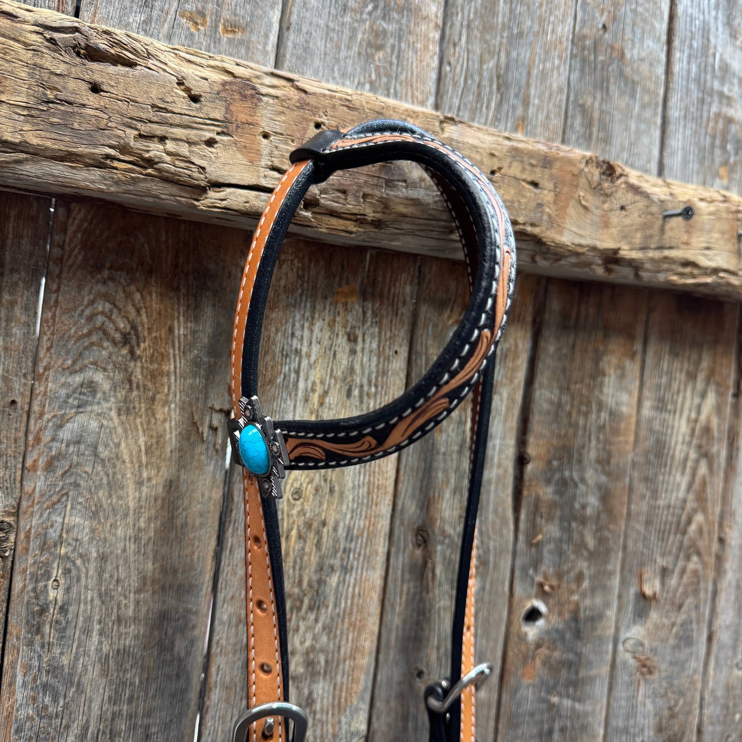 Two Tone Floral Triangle Antique Silver Turquoise One Ear Headstall