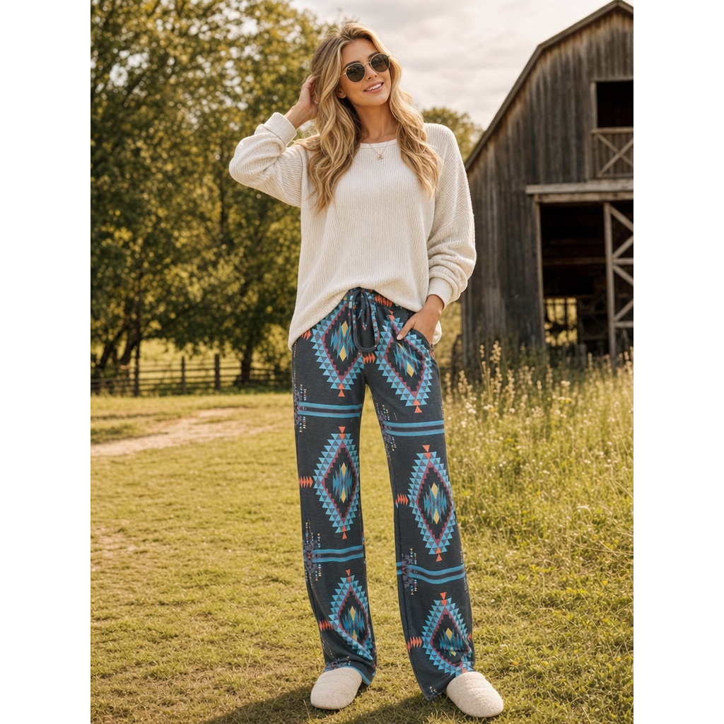 AV1044-CYNTHIA AZTEC PRINT RELAXED LONG PANTS