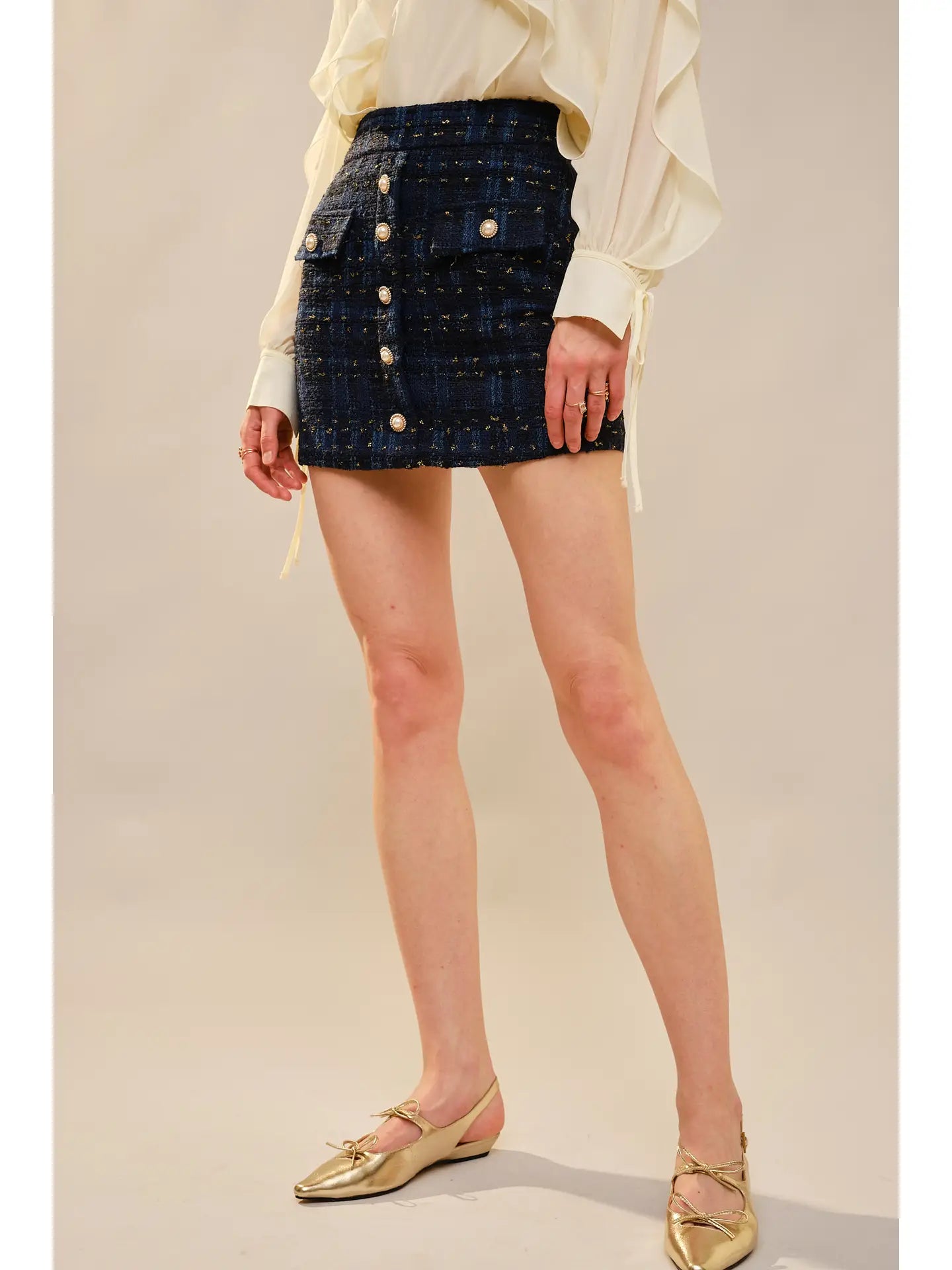 Blue B Button Front Tweed Mini Skirt 37769S