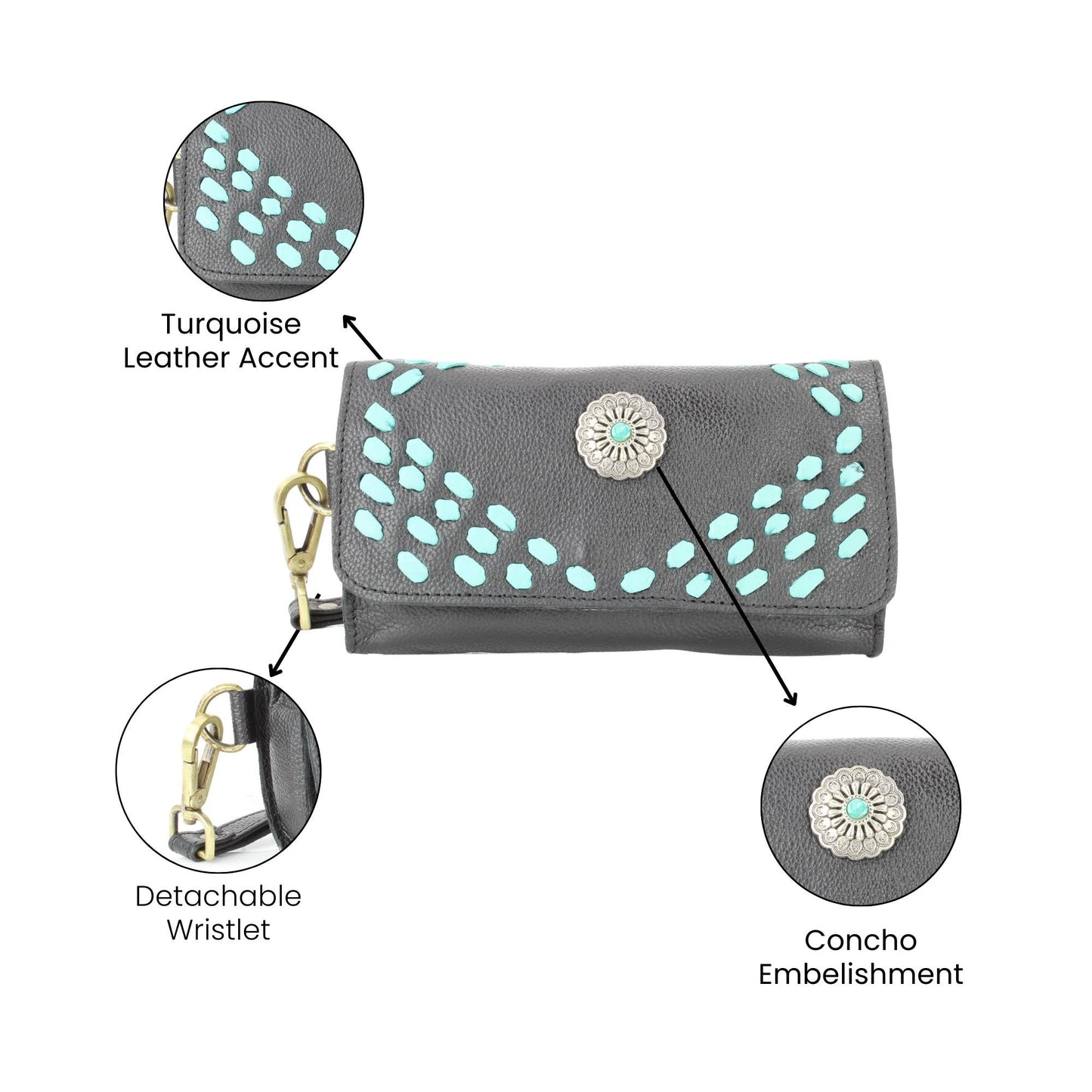 Womens Concho Flap Over ClutcH w/ Turquoise Accent ABLW-1005