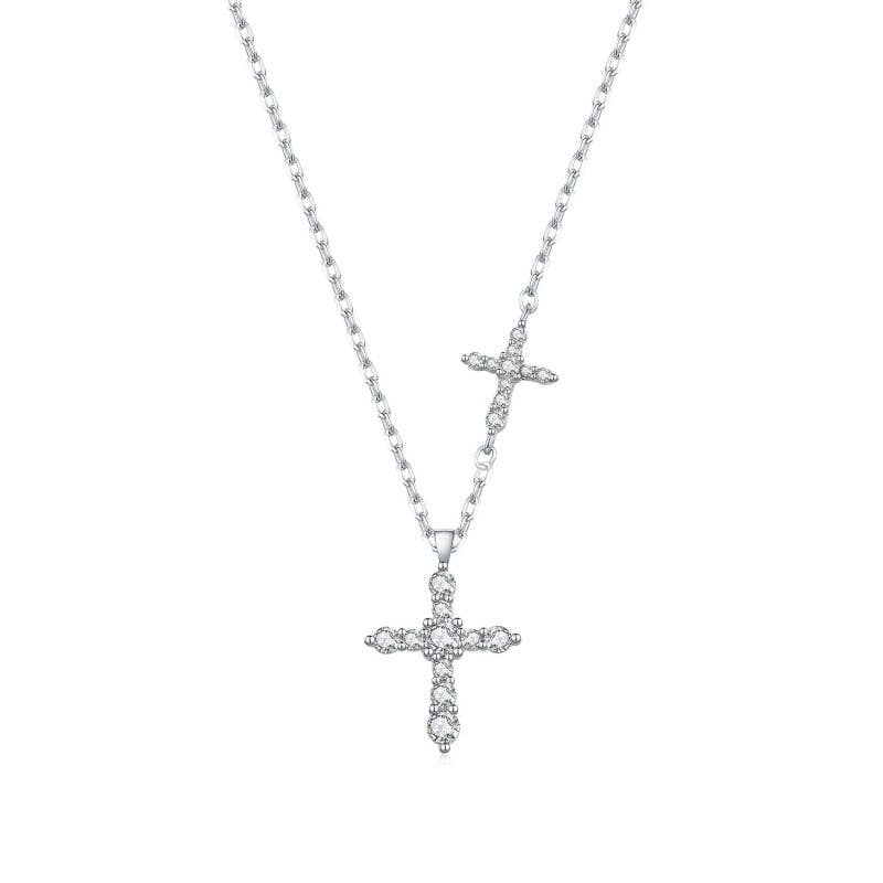 Dual Pavé Moissanite Cross Necklace in 925 Sterling Silver