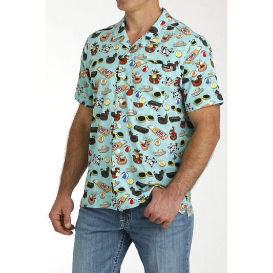 Men’s Cinch Blue Summer Pool Print Button Up Short Sleeve Shirt