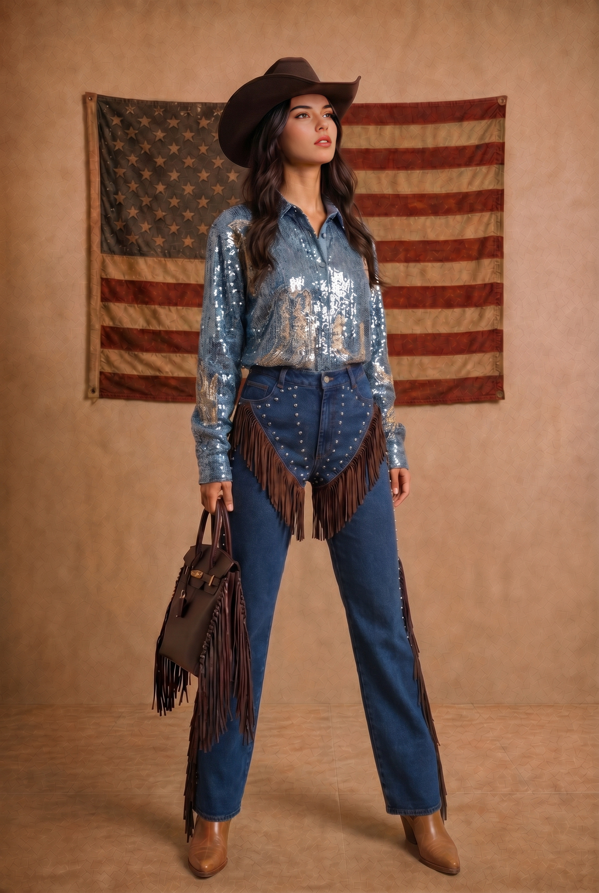 Western Embroidery Sequin Button Down Shirt