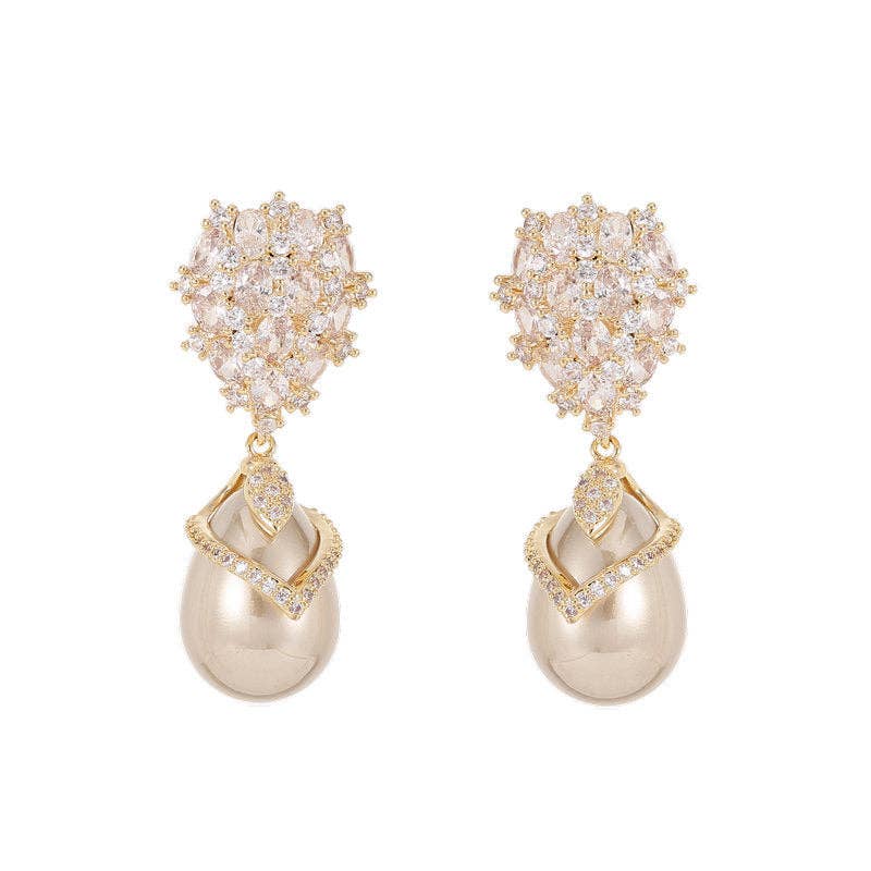 Gold Pearl Drop Wedding Statement Earrings in Solid Copper