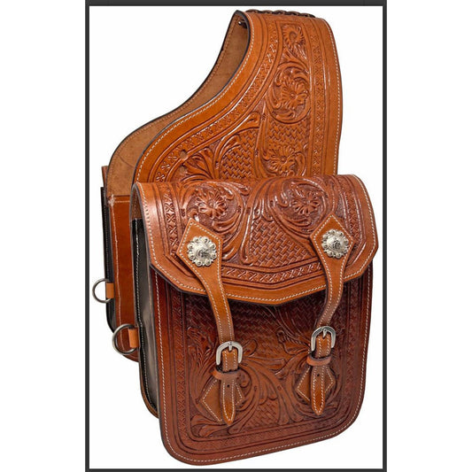 Rugged Ride Floral and Basketweave Tooled Leather Saddle Bag with Conchos