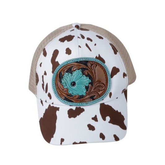 Myra Bag - Blue Petals Brown & White Cow Print  & Tan With Carved Leather Badge Floral Snap Back Ladies Ball Cap S-4851