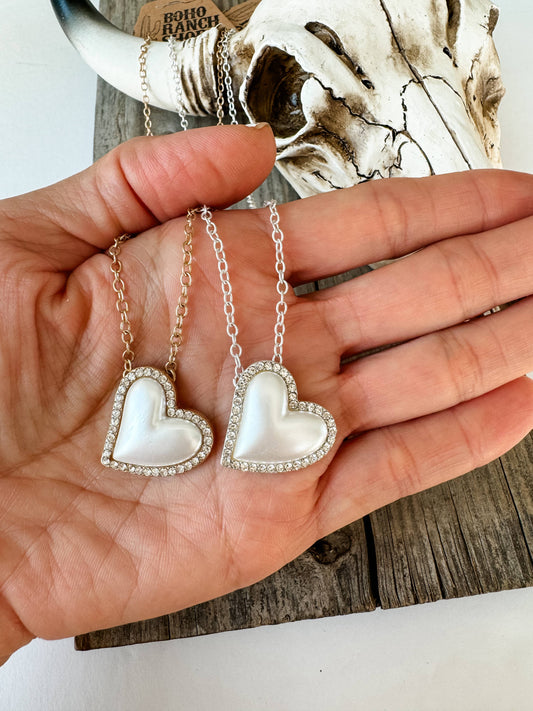 Pearl with Rhinestone Heart Necklace