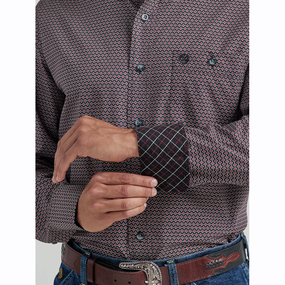 Wrangler Men's George Strait Geometric Burgundy/Navy Relaxed Fit Long Sleeve