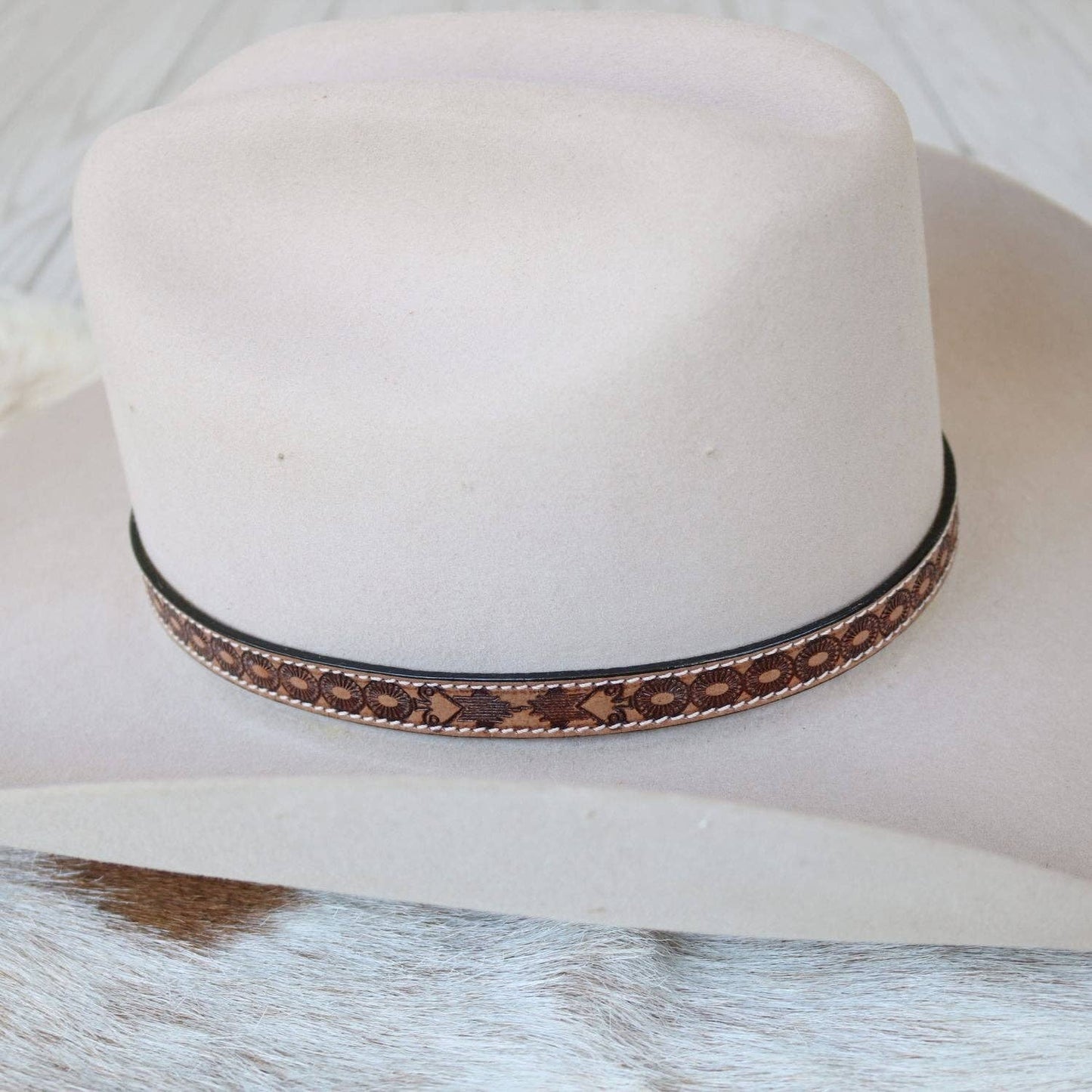 Brown Tooled Leather Hat Band - Jones