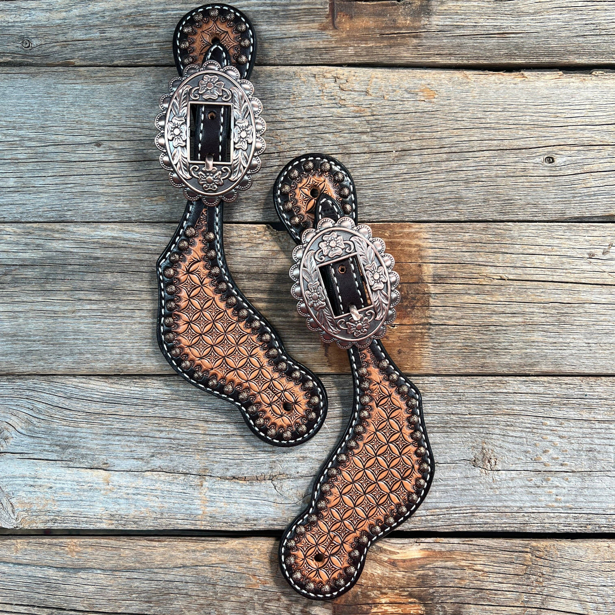 Copper Dot Honeycomb Floral Spur Straps - Copper Flower #SS122