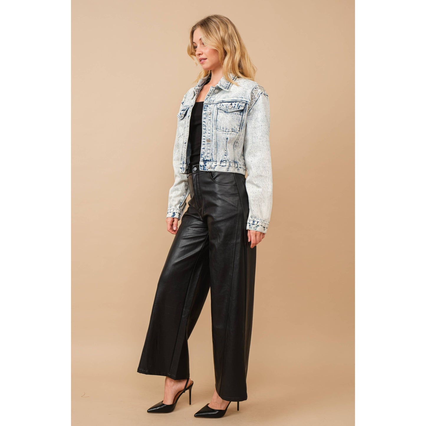80037J - Acid Washed Shoulder Beading Denim Jacket