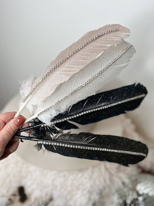 Hand Painted Rhinestone Glitter Black or White Hat Feather Accessory Cowgirl Hat Decoration Choose Gold, Rose Gold, or Silver Glitter