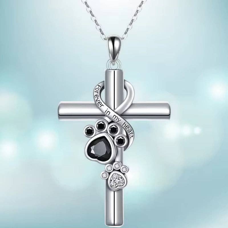 Infinity Paw Print Cross Necklace in 925 Sterling Silver
