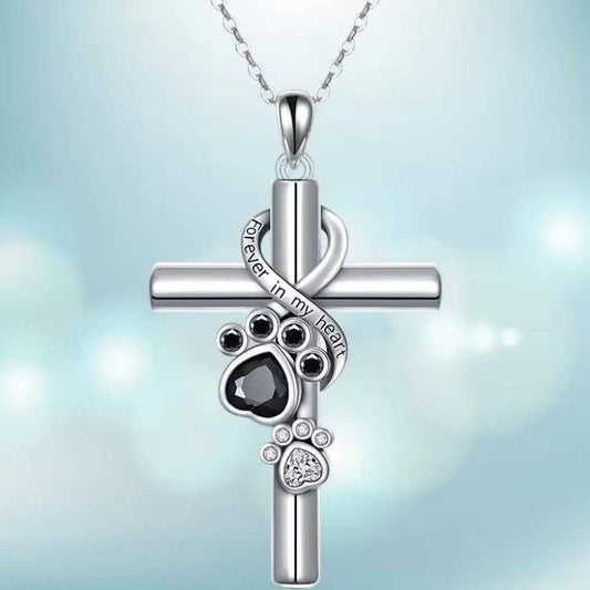 Infinity Paw Print Cross Necklace in 925 Sterling Silver