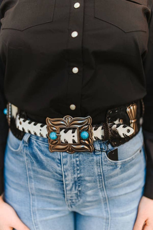 Black Cowhide Tooled Round Ribbon Concho Stone Wide Belt