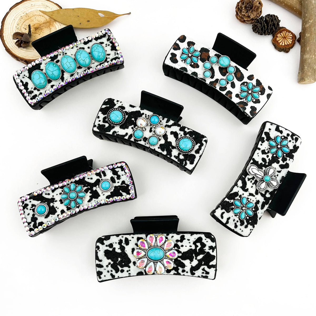 Western Cowboy Turquoise Cow Print Rhinestone Hair Claw Clip