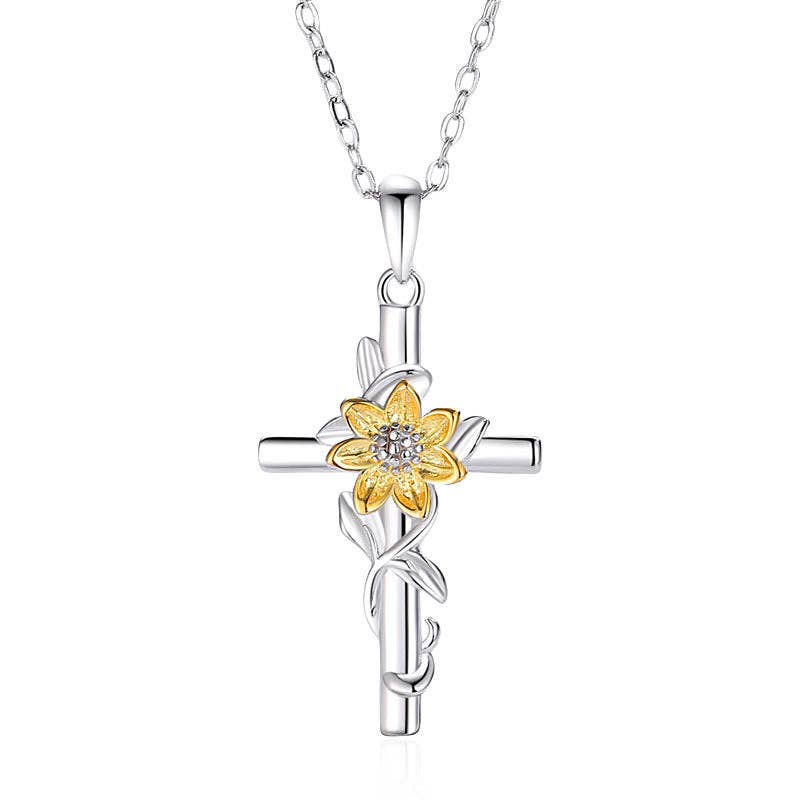 Gold Sunflower Cross Pendant Necklace in 925 Sterling Silver
