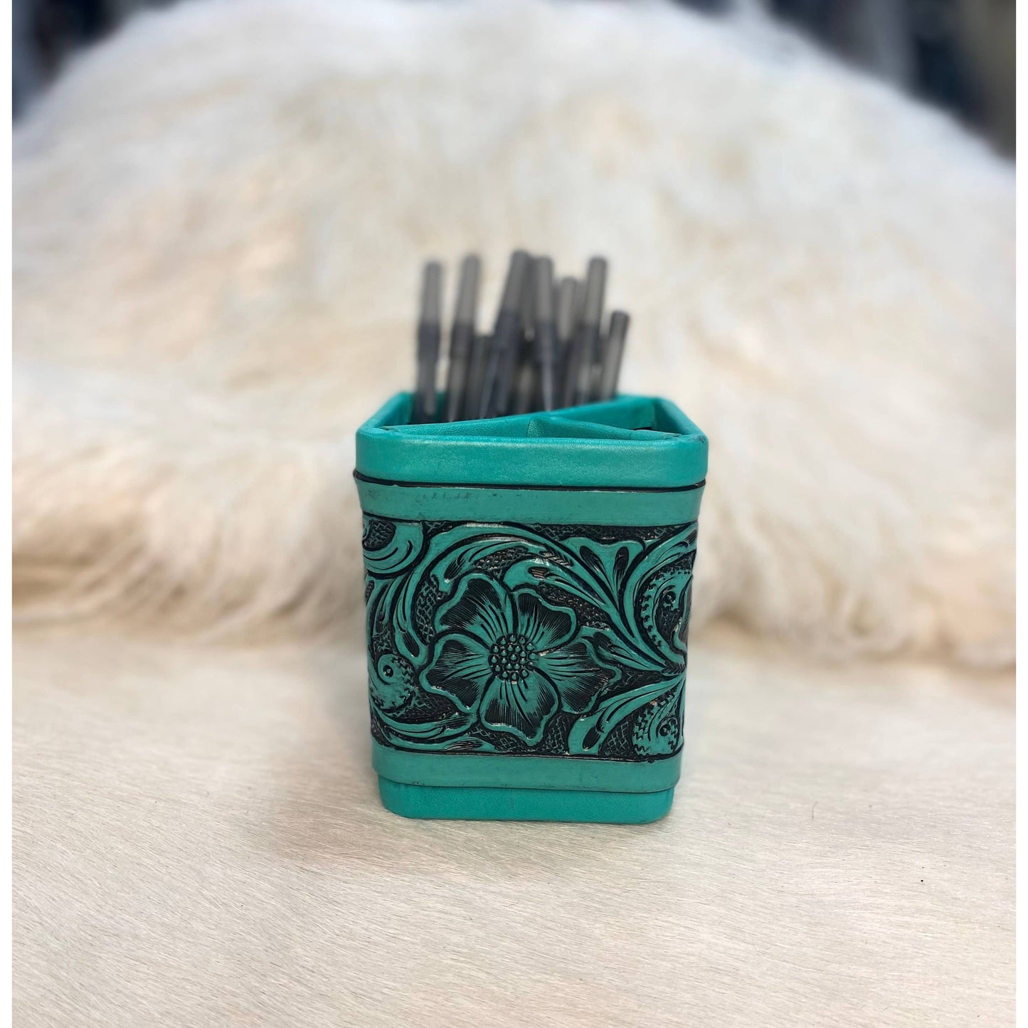 Turquoise Tooled Leather Pencil Holder